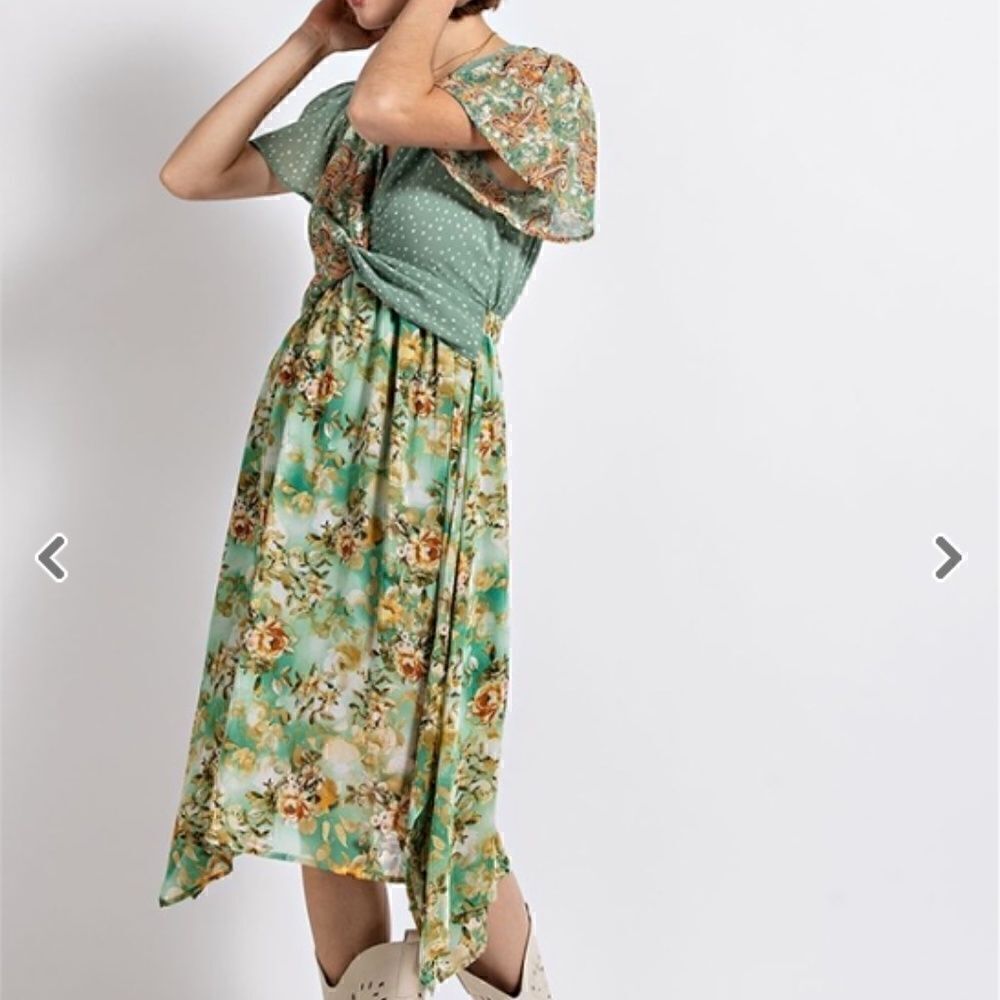 Gigio Twist Front Elastic Waist Floral Midi Dress with Full Lining and Key Hole - Picture 3 of 10